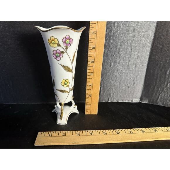 Ucagco Hand Painted Gold Moriage Vase Japan Pedestal Three Leg Flowers 7.5” - Picture 5 of 6